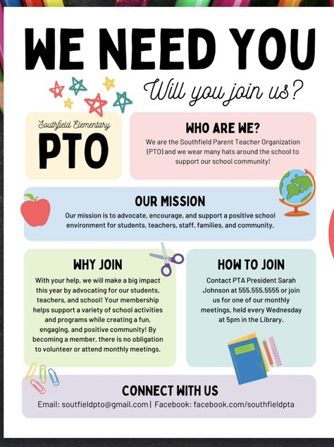 Pta Flyer Ideas, Pta Posters Ideas, Parent Committee Ideas, Pto Board Ideas, Pta Events Activities, Pto Trifold Board, Pta Board Positions, Pta Welcome Table, Pto Ideas For Students