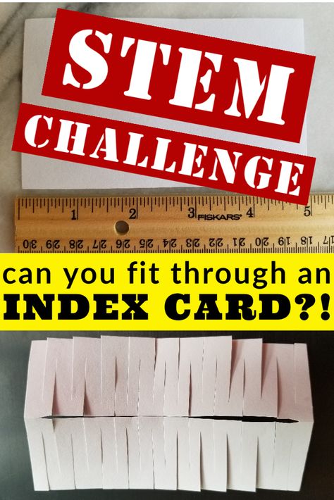 Easy STEM challenge that only requires an index card (or small piece of paper) and scissors! Can you fit through an index card? This science trick will amaze your kids! The question of "how do you cut an index card into a necklace" is answered too! Can You Fit Through An Index Card, Stem Activities With Index Cards, Paper And Scissors Crafts, Stem Classroom Activities, Stem Activity Middle School, Easy Stem Activities Middle School, Stem Activities With Paper, Paper Stem Challenge, Stem Team Building Activities For Kids