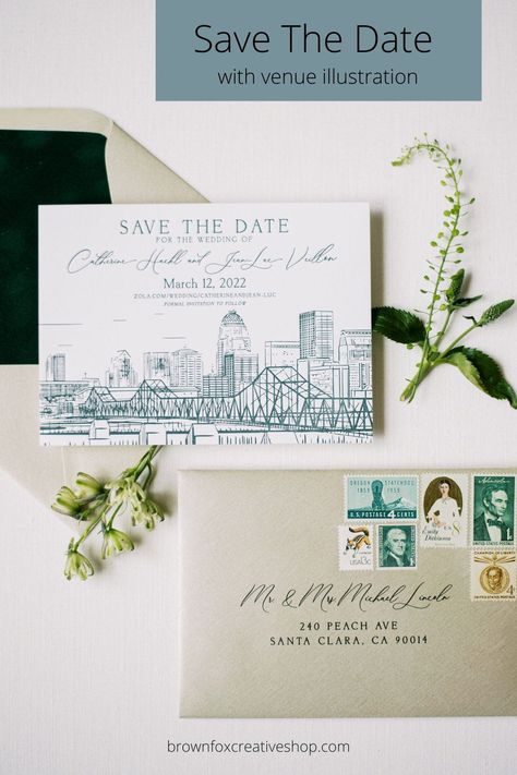 Letterpress Save the Date with Custom Wedding Venue Sketch Illustration, Velvet Envelope Liner Dark Green Unique Save The Date Ideas, Velvet Envelope, Envelope Invitation, Letterpress Save The Dates, Venue Sketch, Envelope Liners Wedding, Bespoke Wedding Stationery, Unique Save The Dates, Blue Wedding Inspiration