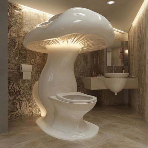 Meet the Mushroom Toilet: a playful yet practical addition to your bathroom. With its whimsical mushroom shape and sleek, durable ceramic build, it combines unique design with comfort and efficiency. Enjoy a touch of fun in your space with this charming and functional toilet. Conceptual AI Art Follow @ecosapiens for more! Fancy Toilets, Crazy Bathroom, Crazy Bathrooms, Bathroom Stuff, Toilet Installation, Kitchen Hacks Organization, Unique Bathroom, Workplace Design, The Mushroom