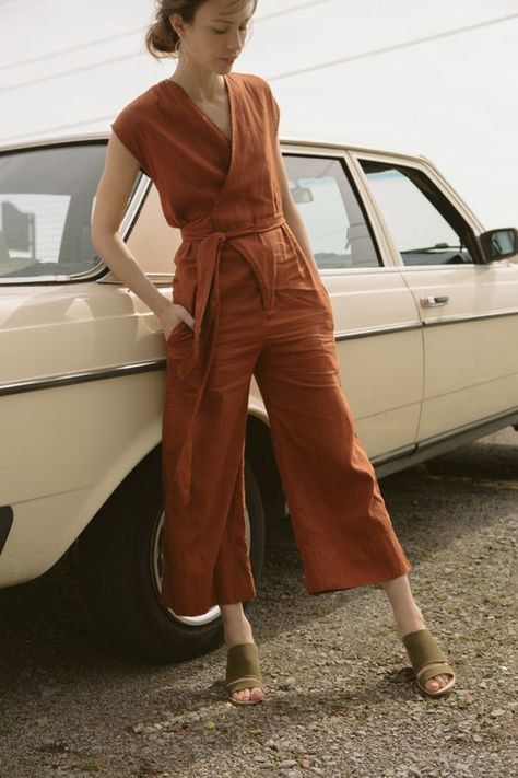 Thistle Harvest: Color Crush: Rust Orange Jumpsuit, Rusty Orange, Wrap Jumpsuit, Linen Jumpsuit, Long Sleeve Jumpsuit, Neck Wrap, Mode Inspiration, Look Fashion, Spring Summer Fashion