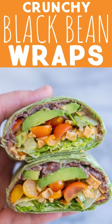 These Crunchy Black Bean Ranch Wraps are quick and easy to prepare and great for a healthy and hearty vegetarian lunch! They're filled with black refried beans, fresh tomato, pickled onion, creamy avocado, lettuce tossed with ranch and crunchy tortilla strips. They're packed with so much flavor and texture! #blackbeanwrap #vegetarian #mealprep #lunchrecipe Black Refried Beans, Vegetarian Mealprep, Dinner Snacks Appetizers, Ranch Wraps, Refried Bean, Pickled Onion, Tortilla Strips, Tortilla Wrap, Vegan Black Bean