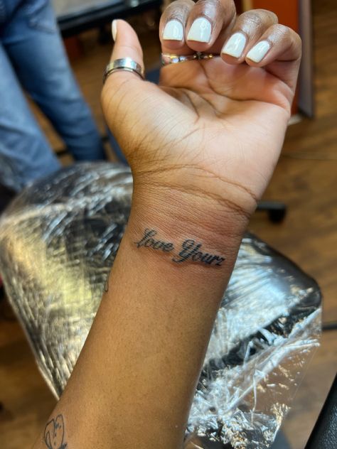 Wrist Name Tattoos For Women, Discrete Tattoos, Tattoo Gang, Love Yourz J Cole Tattoo, Love Yourz J Cole, J Cole Tattoo, Name Tattoos On Wrist, Tattoo Cute, Small Girly Tattoos