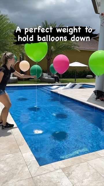 Balloons In Pool Party, Pool Float Party Decoration, Pool Floating Balloons, Pool Party Floating Decorations, Clear Balloons In Pool, Over The Pool Balloon Arch, Pink Pool Decorations, Backyard Pool Birthday Party, How To Decorate A Pool For A Party