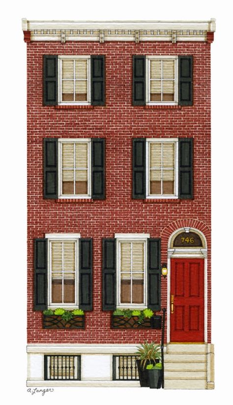 Apartment Building Painting, Apartment Drawing Exterior, Brick House Illustration, Watercolor Brick House, Acrylic Painting Buildings House Art, Building Front, Suburban House, Building Illustration, Casas The Sims 4