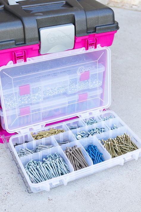 How to stylishly organize and store screws, nails, and other fasteners Screw Organization, Pocket Hole Joinery, Garage Tool Organization, Garage Storage Solutions, Workshop Organization, Tote Organization, Nails And Screws, Shop Organization, Plywood Furniture