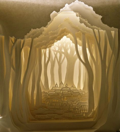 Kagami no kuni- handmade paper cut-out of forest. Ayumi Shibata, Tunnel Book, Game Textures, Paper Cutout Art, Buddhist Teachings, Paper City, Paper Crowns, Forest Illustration, Shadow Art