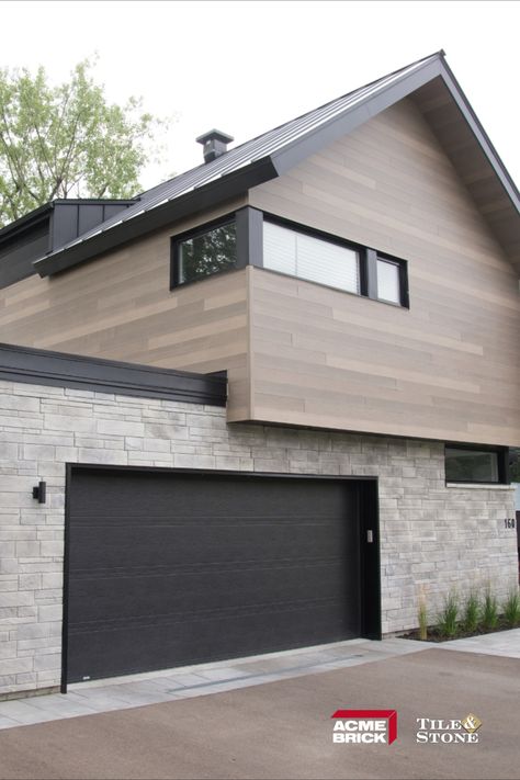 Modern Brick And Siding Exterior, Modern Home Siding, Exterior Stone And Siding Combinations Modern, House Exterior Stone And Siding, Tile Siding Exterior, Mac Metal Architectural, Exterior House Finishes Modern, Mac Metal Siding, Wood Look Metal Siding