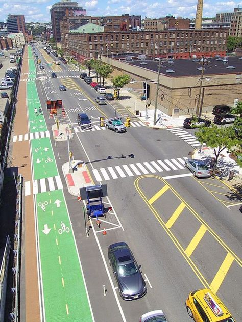 Bike Lane Design, Streetscape Design, Green Bicycle, Road Markings, Urban Intervention, Side Road, City Layout, Public Space Design, Public Transit