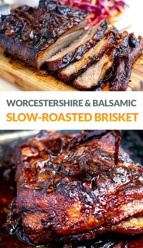 Learn how to slow-cook a beef brisket in the oven with a delicious, balsamic and Worcestershire reduction with onions and garlic. This oven-roasted brisket is braised in the broth that is then caramelised and the beef is browned during the roasting process, resulting in the most succulent meat full of flavour. This is a gluten-free, paleo-friendly, dairy-free beef brisket recipe with step-by-step photos. Brisket In The Oven, Oven Cooked Brisket, Balsamic Reduction Sauce, Beef Brisket Recipe, Brisket Oven, Paleo Dinners, Brisket Recipe, Beef Brisket Recipes, Brisket Recipes