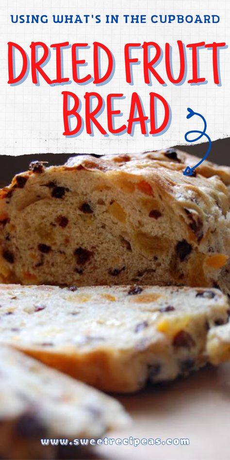 Sliced loaf of Dried Fruit Bread. Dried Fruit Quick Bread Recipes, Fruit Nut Bread, Sweet Fruit Bread Recipes, Fruit And Nut Bread Recipes, Apricot Raisin Bread, Bread Maker Fruit Bread, No Knead Fruit Bread, Fruit Quick Bread Recipes, Dried Fruit Muffin Recipes