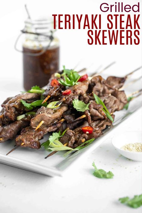 Grilled Teriyaki Steak Skewers - these juicy and tender grilled steak skewers are marinated in homemade gluten-free teriyaki sauce and cook in less than 10 minutes on the grill. Teriyaki Beef Skewers, Bbq Beef Recipes, Bbq Dinner Recipes, Gluten Free Teriyaki Sauce, Teriyaki Skewers, Steak Skewers, Teriyaki Steak, Beef And Veggies, Beef Teriyaki