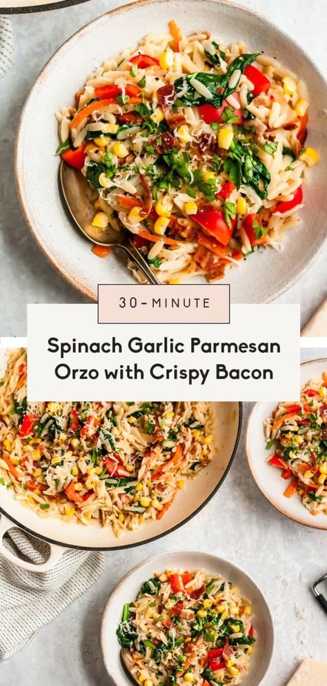 Easy, flavorful spinach garlic parmesan orzo pasta with crispy bacon and gorgeous veggies like red bell pepper, corn, carrots, and spinach. This creamy garlic parmesan orzo recipe comes together in 30-minutes, is the perfect meal prep dinner, and is delicious hot or cold! #pasta #30minutemeal #dinnerideas #healthydinner #pastarecipe Parmesan Orzo Pasta, Garlic Parmesan Orzo, Carrots And Spinach, Meal Prep Dinner, Parmesan Orzo, Orzo Recipe, Crunchy Chickpeas, How To Cook Orzo, Orzo Recipes