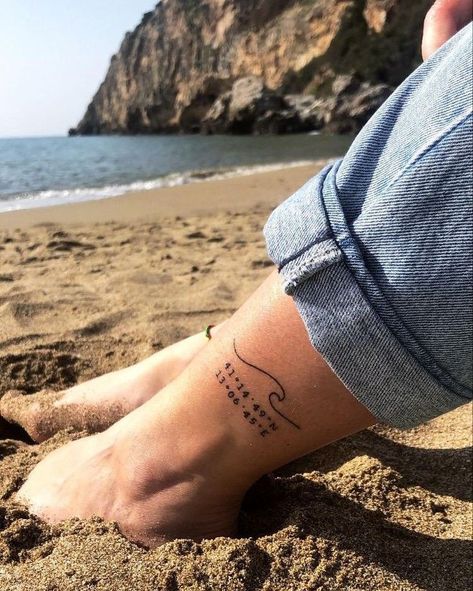 Wave Tattoo With Coordinates, Coordinates Tattoo Wave, Beach Love Tattoo, Coordinates Tattoo With Wave, Beach Coordinates Tattoo, Beach Aesthetic Tattoo, Florida Themed Tattoos, Vacation Tattoo Ideas, Travel Tattoo Ideas For Women