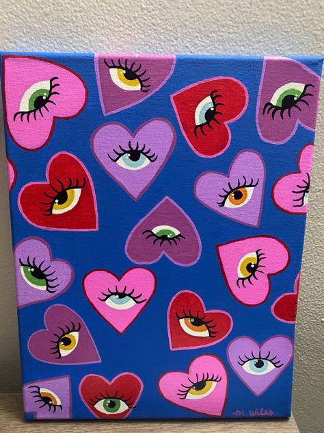 Hearts With Eyes Painting, Easy Paint Aesthetic, Easy Hippie Drawing, Easy Trendy Paintings, Positive Paintings Canvases, Easy Diy Painting Canvas Ideas, Fashion Painting Canvas, Easy Patterns To Paint, Trippy Art Ideas Easy