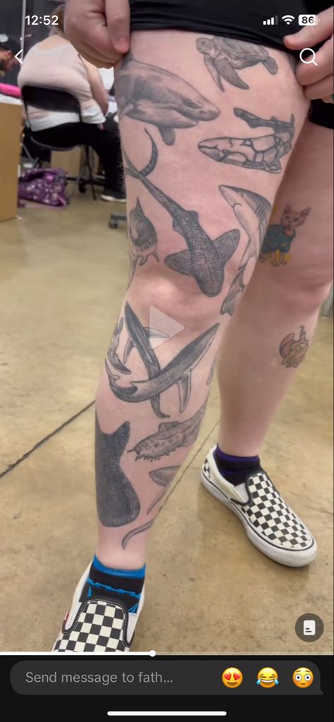 A leg covered in tattoos of various shark species Sick Tattoo, Shark Tattoos, Dream Tattoos, Henna Tattoo Designs, Dope Tattoos, Creative Tattoos, Love Tattoos, Get A Tattoo, Pretty Tattoos