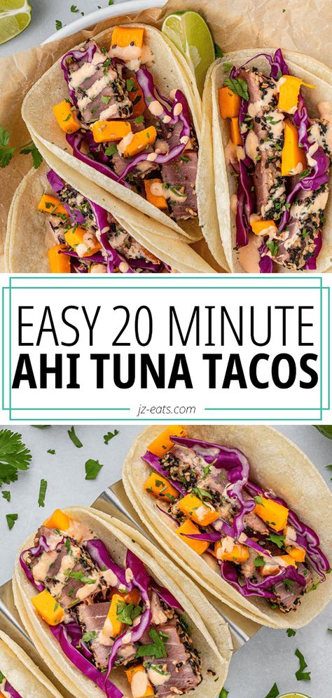 3 ahi tuna tacos Ahi Tuna Pasta, Tuna Steak Tacos Recipes, Fresh Tuna Tacos, Ahi Tuna Tacos With Slaw, Ahi Tuna Tacos Recipe, Tuna Steak Tacos, Tuna Fish Tacos, Tuna Tacos Recipe, Ahi Tacos