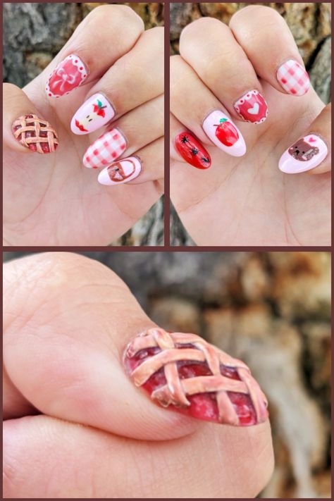 August 26, 2023 Apple Pie Nails, Pie Nail Art, Bread Nails, Pie Nails, August Nails, G Nails, Teddy Bear Picnic, Colored Acrylic Nails, Nail Inspo