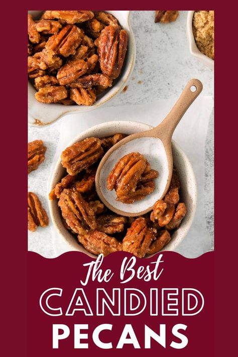 Discover  how to make candied pecans in 15 minutes. Simple ingredients transform pecans into caramel-coated treats for your party snacks, desserts or salads. Candied Pecans Easy, Sweet Pecans, Candied Pecans For Salad, Candied Pecans Recipe, Baking Nuts, Popcorn Treats, Quick Cake, Yummy Desserts Easy, Walnut Recipes