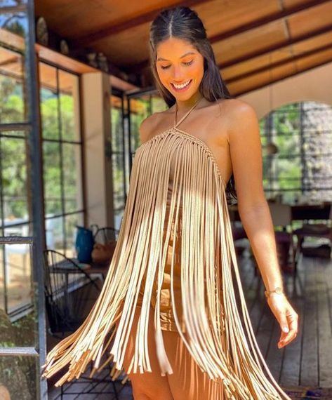 Fringe Clothing Diy, Macrame Top Diy, Macrame Dress Diy, Fringe Top Outfit, Macrame Outfit, Fringe Outfits, Fringe Outfit, Crochet Fringe Top, Fringe Tops