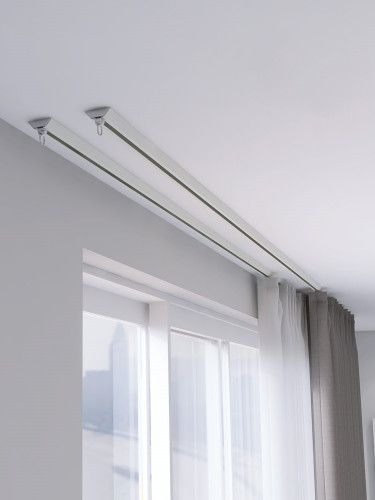 Modern Curtain Rails, Curtain To The Ceiling, Ikea Curtains Track, Slanted Ceiling Window Curtains, Curtain Hung From Ceiling, Curtains On Ceiling Track, Double Curtain Track, Double Curtain Track Ideas, Sliding Curtains Track