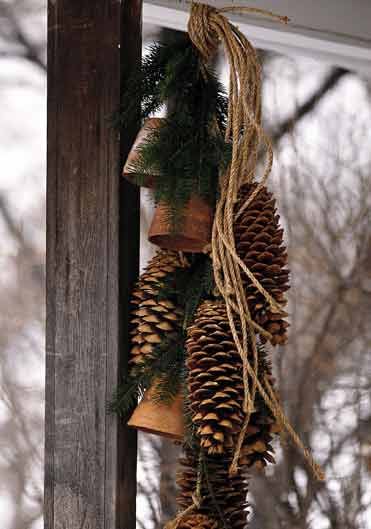 Welcoming Display - combine fresh greenery, bells and jute twine for an inviting rustic display. Use large pinecones for maximum impact. Large Pinecone Wreath Diy, Decorating With Large Pinecones, Large Pinecone Crafts Ideas, Large Pinecones Ideas Christmas, Crafts With Large Pinecones, Large Pinecones Ideas, Large Pinecone Crafts, Crafts With Pine Cones, Pinecone Swag