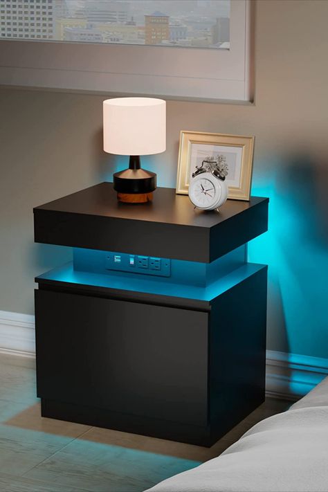 Black LED Nightstand with LED Lights and Charging Station, Small Bedside Table/End Table Bed Side Dressing Table Ideas Modern, Small Bed Side Tables, Bed Side Table Black, Bed And Bedside Table Ideas, Bed With Dressing Table On Side, Bed Side Tables Ideas, Bed Side Table Ideas Modern, Black Bedside Table Ideas, Modern Bedside Table Ideas