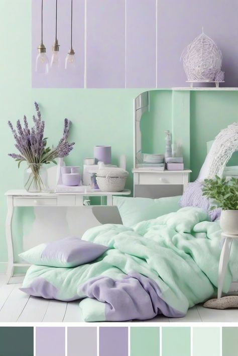 Discover the 5 stunning Sherwin Williams color palettes featuring calming Mint Green and elegant Lavender to transform your room into a serene haven.
#ad  


#Painting
#wallpaint2024
 #color2024
 #DIYpainting
 ##DIYhomedecor
 #Fixhome Lavender And Mint Bedroom, Lavender Room Ideas Color Combinations, Mint Green Home Decor, Lavender Paint Bedroom, Mint Green Room Ideas Bedrooms, Mint Color Room, Colors With Mint Green, Lavender And Green Bedroom, Lavender Interior Design