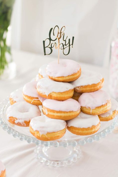 Baby Shower Pink White Donuts Stack Pyramid Photo by KellyAnnePhotography Doughnut Baby Shower Ideas, Donuts Baby Shower Ideas, Baby Shower Donuts Ideas, Donut Pyramid, Baby Shower Pastries, Pink And White Baby Shower Ideas, Donut Baby Shower Ideas, Doughnut Ideas, Donut Stack