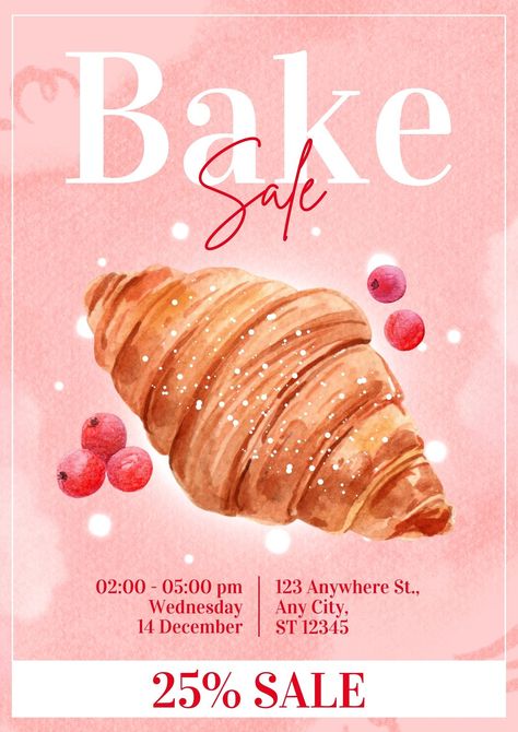 Baking Poster Ideas, Baking Flyers Design, Baking Soon Poster, Bake Sale Flyer Ideas, Flyer Advertisement Design, Pink Graphic Design Poster, Food Product Poster Design, Bakery Flyer Design Ideas, Canva Advertising Ideas