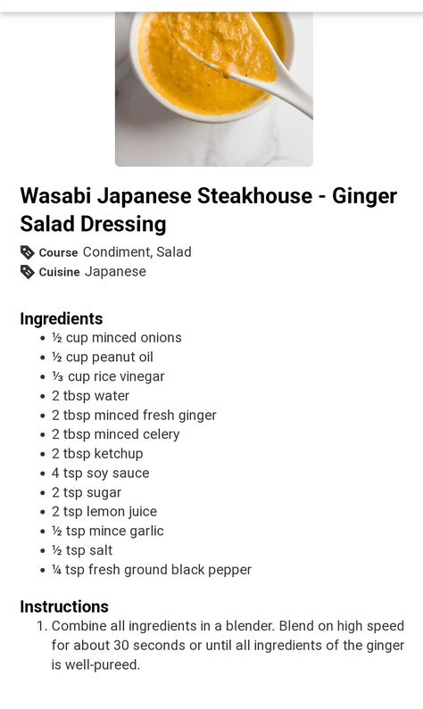 Japanese Steakhouse Soup, Wasabi Sauce Recipe, Wasabi Sauce, Steakhouse Recipes, Ginger Salad Dressings, Japanese Steakhouse, Peanut Oil, Minced Onion, Rice Vinegar