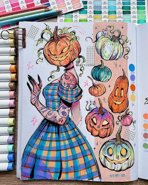 Fall Character Art, Drawing Ideas With Color Markers, Halloween Sketchbook Spread, Halloween Art Sketches, Halloween Marker Art, Gretlusky Art, Pumpkin Drawings, Pumpkin Spread, Kunstjournal Inspiration