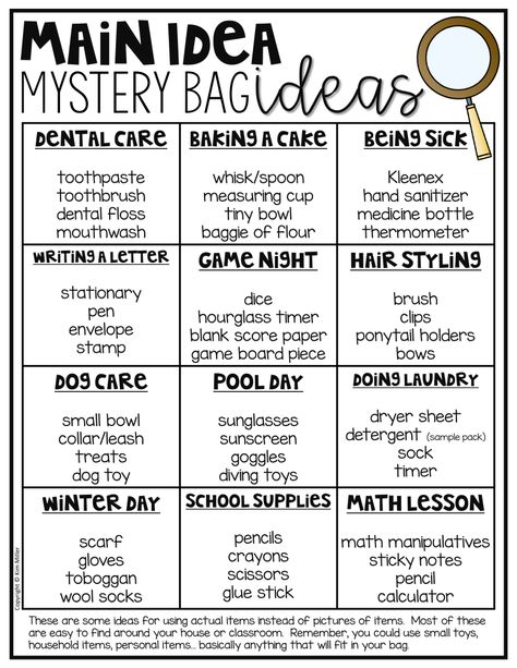 Main Idea Writing Activities, Main Idea Bags Ideas, Non Fiction Main Idea Activities, Main Idea And Details Activities Kindergarten, Nonfiction Main Idea Anchor Chart, Main Idea Mystery Bags Freebie, How To Teach Main Idea 3rd Grade, 2nd Grade Main Idea And Details, Teaching Main Idea First Grade