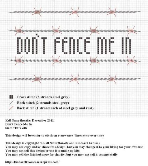 Don't Fence Me In -- Free Cross-Stitch design Evil Quotes, Wire Crosses, Free Cross Stitch Designs, Ith Embroidery, Barbed Wire, Disney Cross Stitch, Cross Stitch Borders, Hand Embroidery Art, Back Stitch