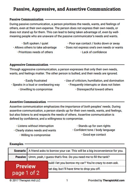 Passive, Aggressive, and Assertive Communication (Worksheet) | Therapist Aid Passive Aggressive Vs Assertive, Passive Communication Style, Communication Worksheets For Adults, Personal Mastery, Positive Communication, Relationship Repair, Dbt Therapy, Counseling Techniques, Nonviolent Communication