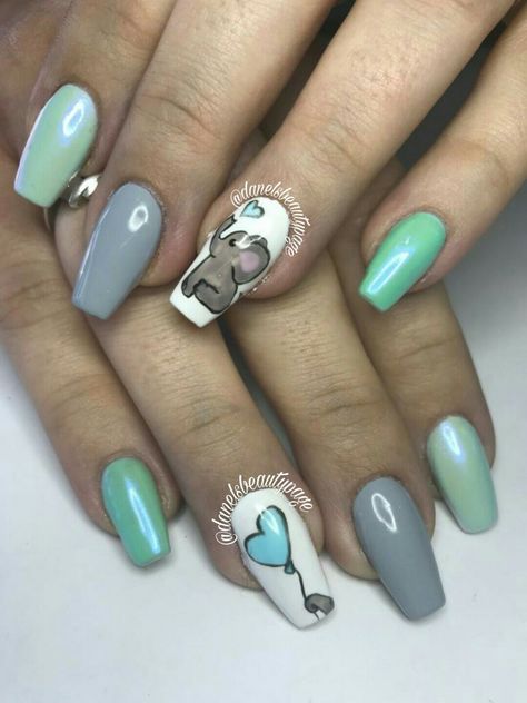 Elephant Nails Acrylic, Elephant Nail Art Design, Elephant Nail Designs, Baby Boy Nails Designs, Baby Shower Nail Art, Elephant Nail Art, Baby Shower Nails Boy, Baby Boy Nails, Elephant Nails