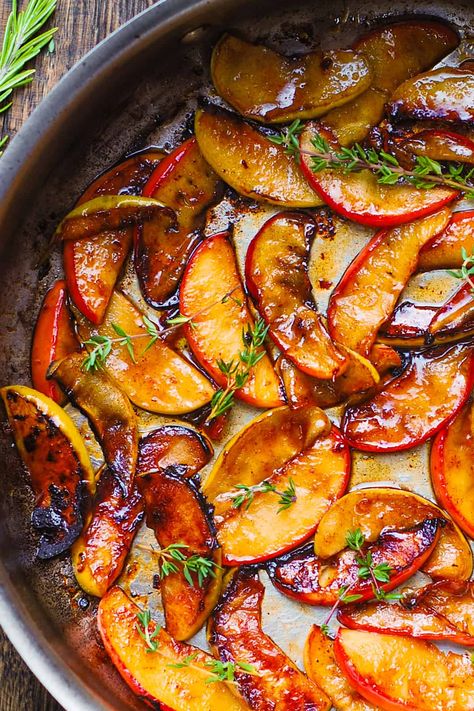 sauteed apples in a stainless steel pan Sauteed Apples For Pork, Roasted Apples Dessert, Sauteed Fruit, Sauteed Apples Cinnamon, Escalloped Apples Recipe, Apples Snacks, Scalloped Apples, Christmas Pork Roast, Sautéed Apples