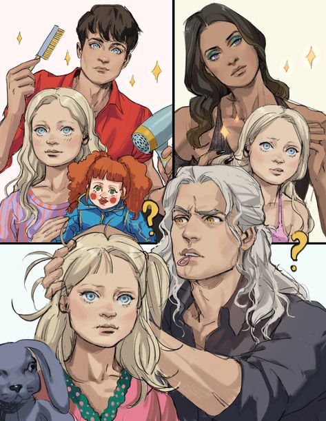 Columbo on Twitter: "Jaskier and Yennefer doing (baby) Ciri‘s hair vs Geralt #thewitcher… " Ciri Witcher Art, Geraskier Fanart, Geralt Fanart, Geralt X Jaskier Fanart, Geralt And Ciri, Witcher Wallpaper, The Witcher Geralt, The Witcher Books, Witcher Art