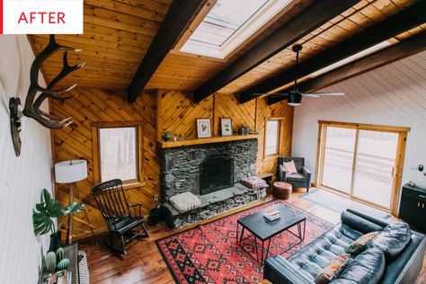 Before & After: Painted Wood Paneling in a Rustic Cabin | Apartment Therapy Painted Wood Paneling, Wood Paneling Makeover, Paneling Makeover, Painting Wood Paneling, Painted Wood Walls, White Wood Wall, Cabin Interiors, Stylish Interior, Cabin Living