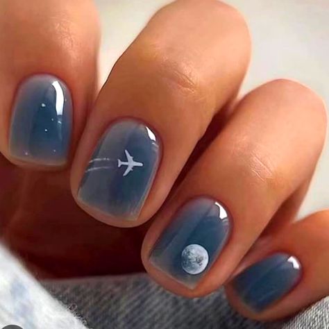 Bettycora Press On Nails: Plane Moon Slate Blue Glue On Nails Short Squoval Press On Nails Take Minutes To Apply! No Damage To Remove! Key Features Length: Short Shape: Squoval Basic Color: Blue Design Style: Plane, Moon, Clouds Coat: Glossy Reusable, Each Wear Lasts Up To 2 Weeks Waterproof Customizable Vegan & Cruelty-Free Nails Includes -24 Pcs Press On Nails With 10-12 Different Sizes -1 Sheet (24 Pcs) Adhesive Tap -1 Manicure Stick -1 Nail Glue -1 Nail File -1 Prep Pad Spring Nail Art Gel Nails, Nails For Washington Dc, Pretty Nails For Short Nails, Short Nail Art Colorful, Picture Day Nails, Nail Inspired For Short Nails, Nail Art Shorts, Nail Designs For Europe Trip, Small Nails Design Ideas Short