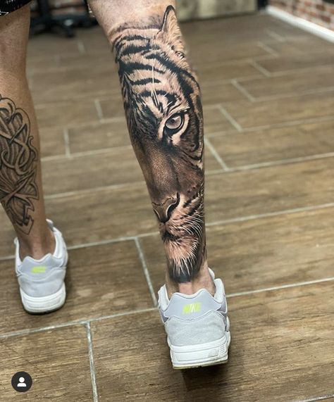 Tiger Tattoo For Men Leg, Tiger Leg Sleeve Tattoo Men, Calve Sleeve Tattoo, Tiger Leg Tattoo Men, Tattoo Ideas For Men Leg Calves, Leg Tattoo Men Calves, Tiger Tattoo Leg, Tiger Tattoo On Leg, Tiger Leg Tattoo