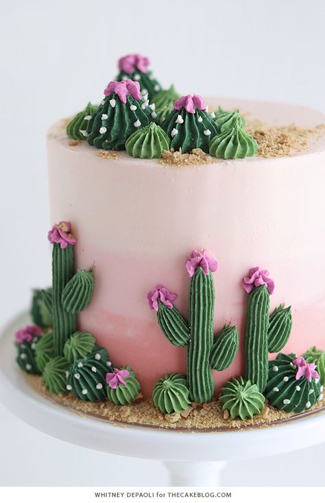 Pastel Cake Designs Birthday, Cool Decorated Cakes, Llama Cactus Cake, Cottage Cake Ideas, Buttercream Piping Designs, Cactus Piping Tip, Bright Colored Cakes Birthday, Fun Cake Designs Simple, Summer Cake Inspiration