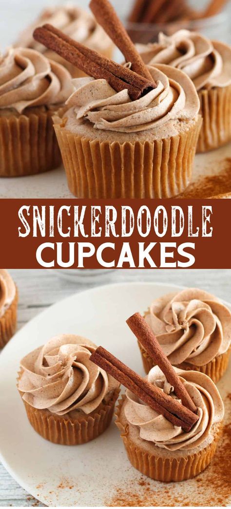 All the best flavor of snickerdoodles in a cupcake. Spiced with warm cinnamon, this moist and tender cupcake is topped with a creamy cinnamon buttercream frosting for a delicious dessert. Easy Snickerdoodle Cupcakes, Fall Recipes Cupcakes, Cinnamon Spice Cupcakes, Spiced Cupcake Recipe, Pecan Pie Cupcakes Recipe, Winter Flavor Cupcakes, Spice Cupcakes Recipes, Fall Birthday Desserts, Fall Cupcakes Flavors