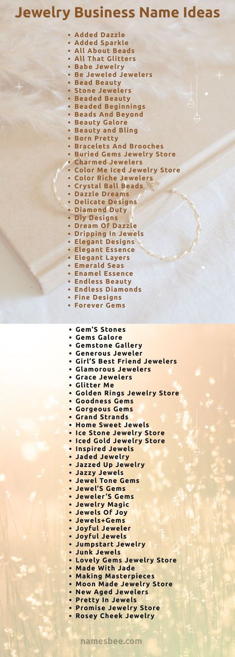 400BeautifulQuirky Names for Jewelry Business See these beautiful business names at s://namesbee.com/jewelry-business-names/ Bracelet Shop Names Ideas, Cute Braclet Business Names, Small Bussines Aesthetic Names, Cute Names For Jewelry Business, Cute Jewelry Store Names, Jewellery Store Ideas, Beading Business Names, Handmade Jewelry Quotes Business, Business Name Ideas For Bracelets