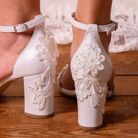 Block Heel Leather Wedding Sandals, Bridal Heels with White Lace, Bride Wedding Shoes, FLORA Bridal Block Heels, Sandals Bridal, Perfect Wedding Shoes, Lace Bride, Leather Wedding, Bridal Heels, Stunning Shoes, Shoes Wedding, Wedding Sandals