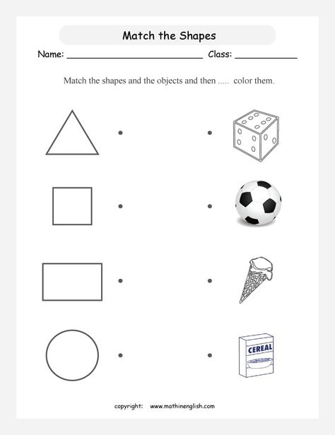 Printable primary math worksheet for math grades 1 to 6 based on the Singapore math curriculum. Match The Shapes With Objects Worksheet, Shape Worksheets For Preschool, Shapes Worksheet Kindergarten, Shape Tracing Worksheets, Geometry Worksheets, Matching Worksheets, Tracing Worksheets Preschool, Kids Worksheets Preschool, 1st Grade Math Worksheets