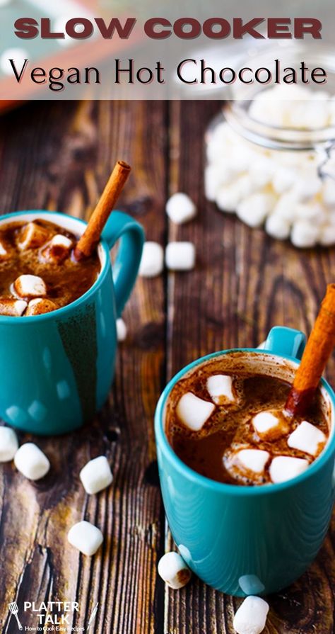 Two blue mugs of hot chocolate. Vegan Crock Pot Hot Chocolate, Vegan Hot Chocolate Crockpot, Crock Pot Hot Chocolate Recipe, Hot Chocolate Bar Party, Slow Cooker Vegan, Mexican Hot Chocolate Recipe, Slow Cooker Christmas, Vegan Crockpot, Crockpot Hot Chocolate