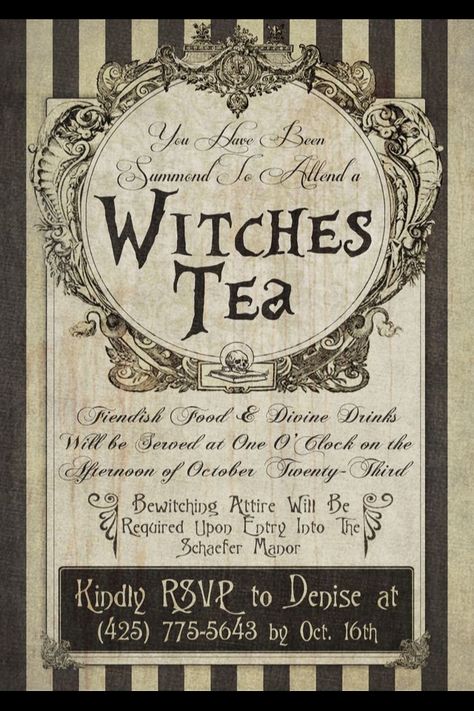 ~Witches Tea Invitation~ I WANT TO DO THIS. Witches Tea, Halloween Tea Party, Potion Labels, Witch Party, Halloween Fest, Halloween Labels, Albus Dumbledore, Theme Halloween, Witches Brew