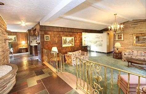 Living room with slate floor and stone walls - 1960's Storybook Ranch Time Capsule House, Retro Renovation Storybook Ranch, Time Capsule House, Sala Vintage, Retro Homes, Capsule House, Room Vanity Ideas, 1960s Home, Mid Century Modern Bathroom, Room Vanity