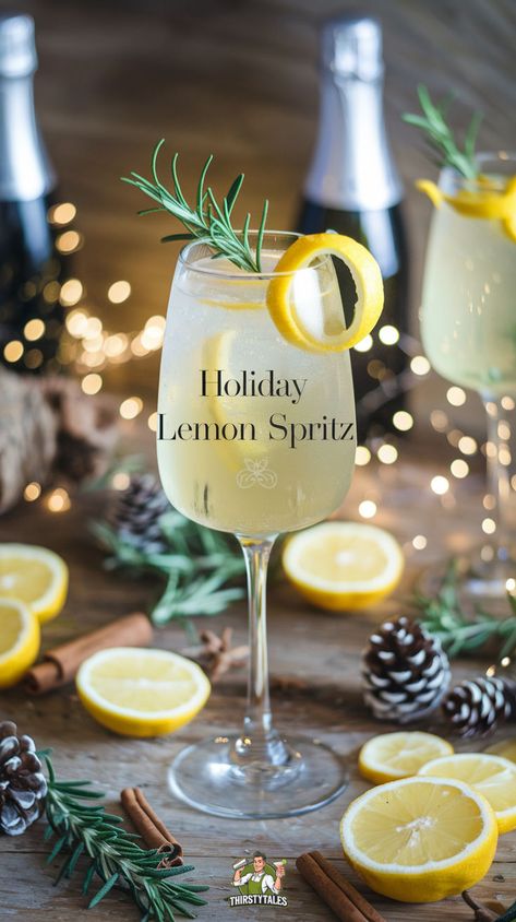 "Discover the perfect Holiday Lemon Spritz Mocktail recipe that will elevate your festive gatherings! This refreshing mocktail combines zesty lemon with sparkling flavors, making it a standout among holiday mocktail recipes. Enjoy this delightful non-alcoholic drink as a go-to choice for parties or cozy celebrations. Explore more festive beverage ideas and indulge in these refreshing mocktails that are sure to impress. Perfect for anyone seeking vibrant citrus drink recipes without the alcohol!" Non Alcoholic Welcome Drinks, Lemon Mocktail Non Alcoholic, New Years Mocktail Recipe, Spritz Recipes Alcohol, Sparkling Mocktails Non Alcoholic, Gingerale Mocktail Recipes, Cabin Drinks, New Years Mocktail, Winter Mocktails Non Alcoholic